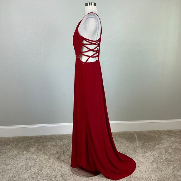 Red Backless Evening Gown Size 10 Nightway Cut Out Thigh Slit Long Formal Dress - Picture 6 of 13